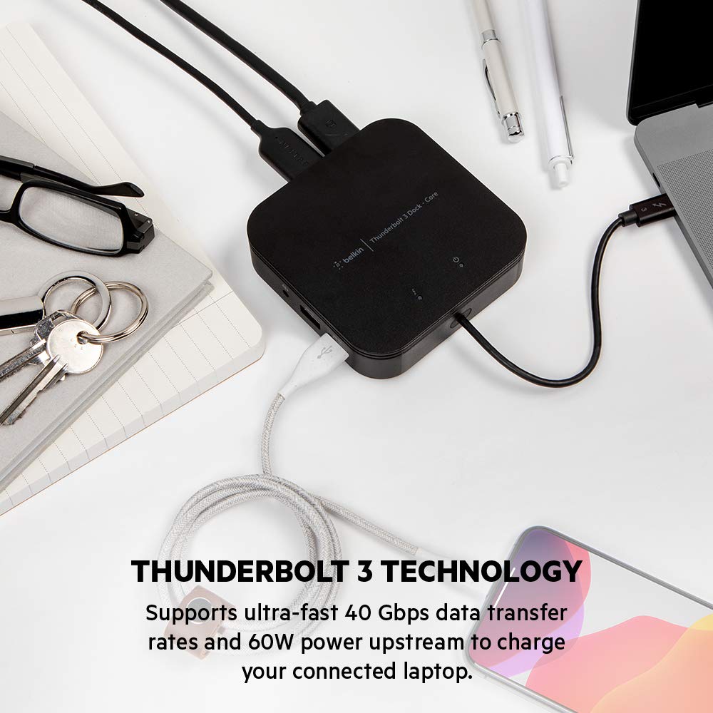 Belkin dock tethered cable attached to laptop benefit single-cable desktop setup