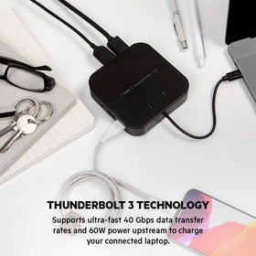 Belkin dock tethered cable attached to laptop benefit single-cable desktop setup