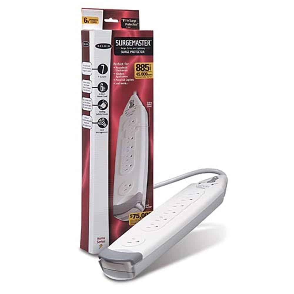 Belkin SurgeMaster white 7-outlet strip with 6-foot cord for home electronics protection.