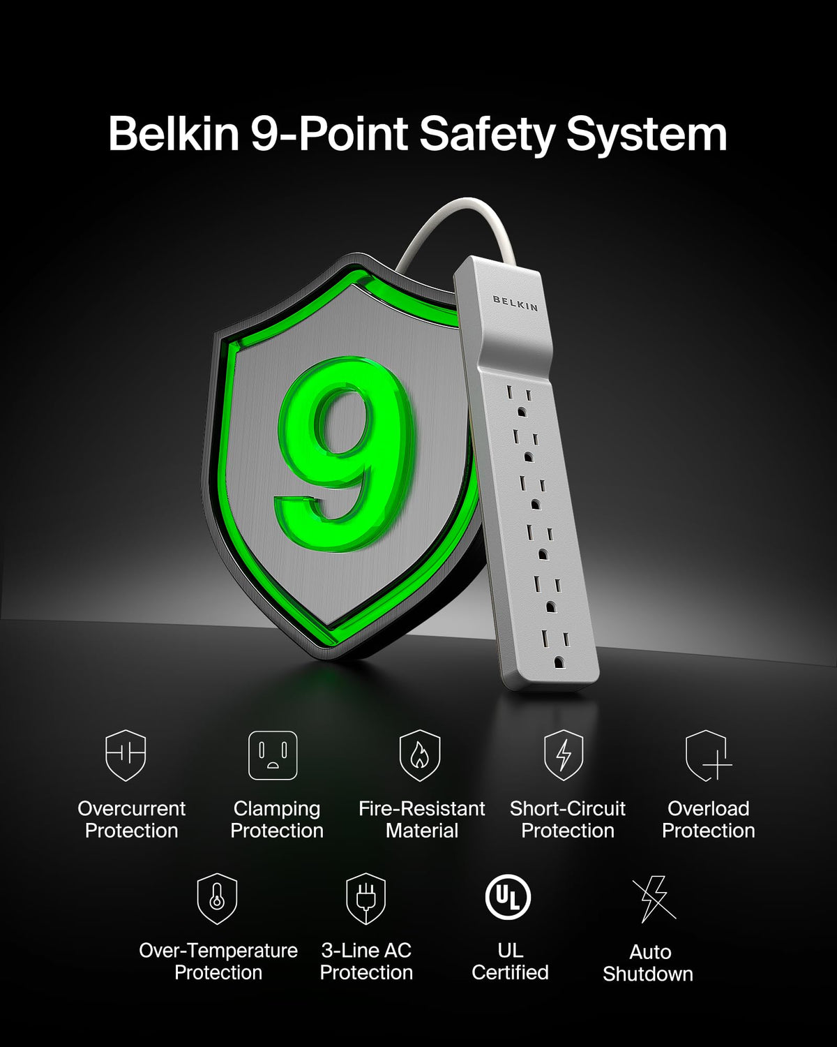 Belkin 1080-Joule protection safeguards essential electronics and peripherals.
