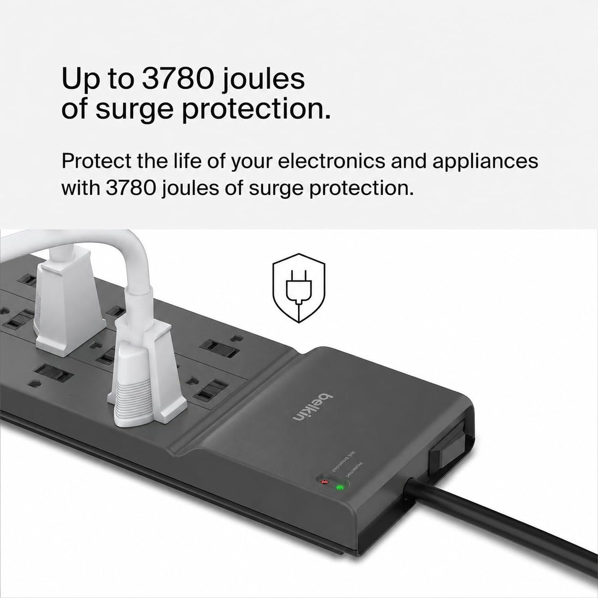 Belkin angled flat plug and 8ft cord helping fit tight wall spaces