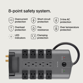 Belkin flat pivot plug and 8ft cord visible for tight-wall placement and extended reach benefit
