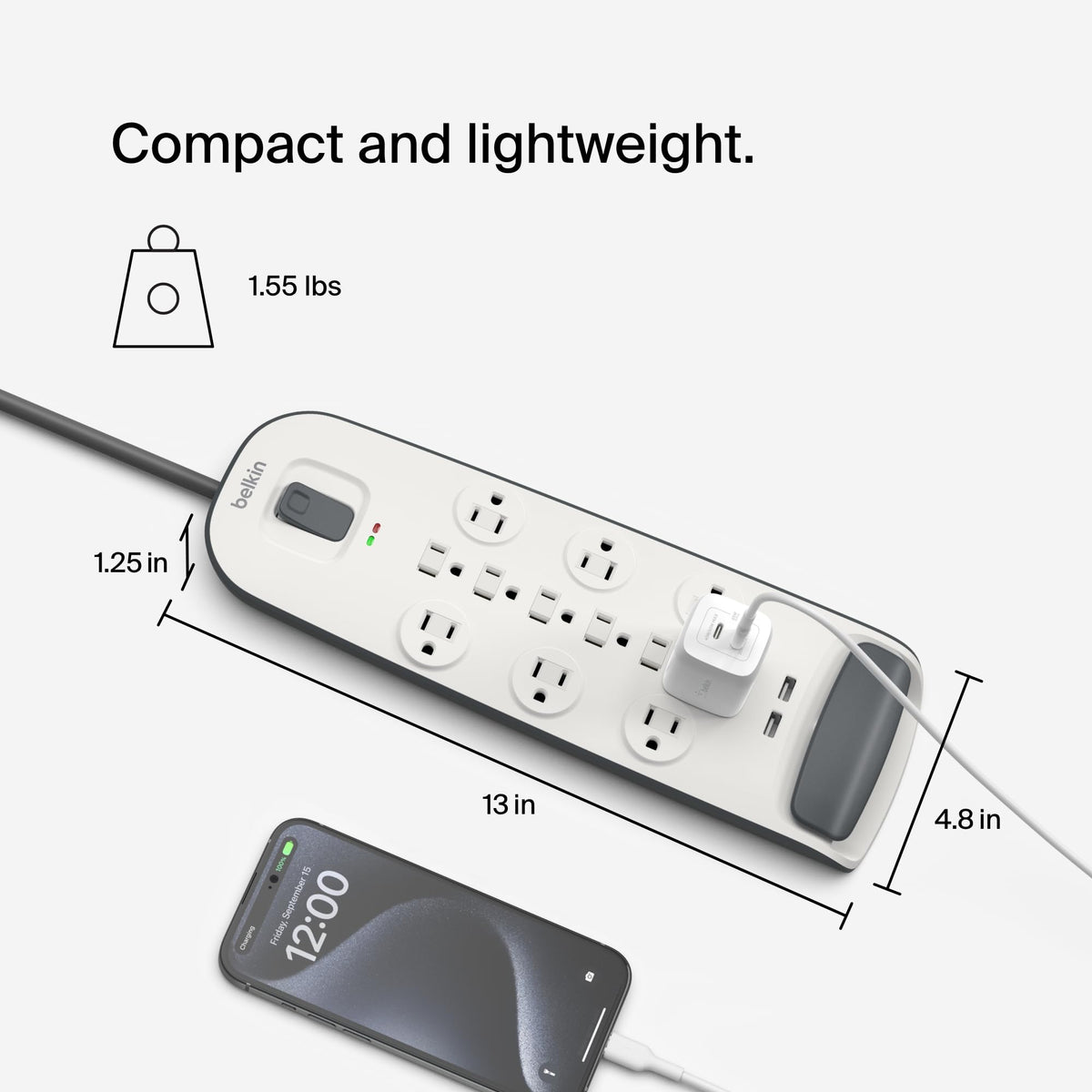 Belkin flat plug and 6ft cord pictured for space-saving placement benefit
