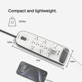 Belkin flat plug and 6ft cord pictured for space-saving placement benefit