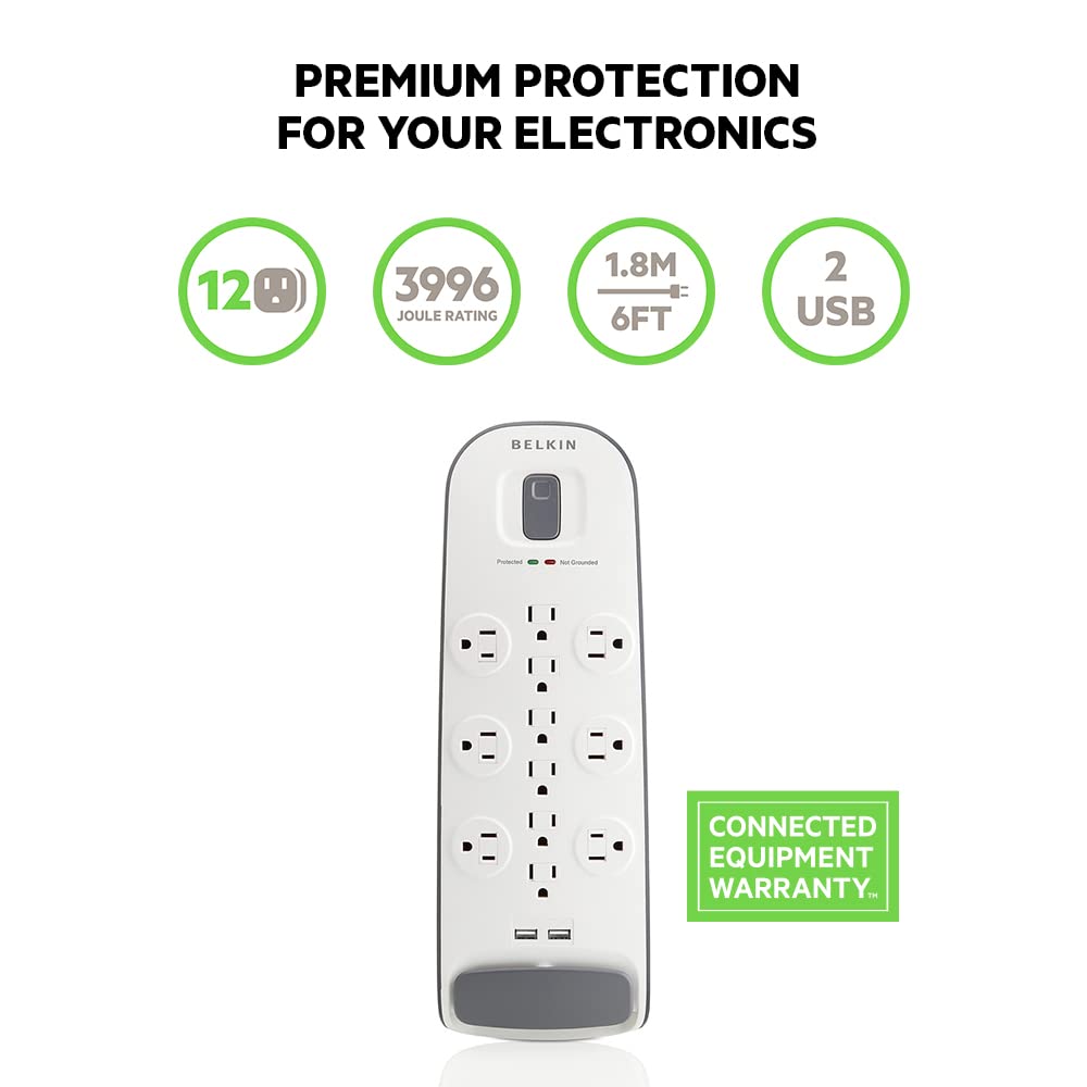 Belkin flat-plug surge protector with 6ft cord for space-saving placement.