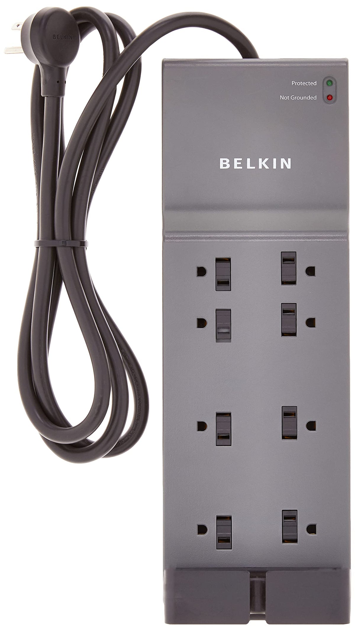 Belkin flat-plug power strip provides space-saving desk organization.