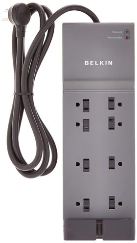 Belkin flat-plug power strip provides space-saving desk organization.