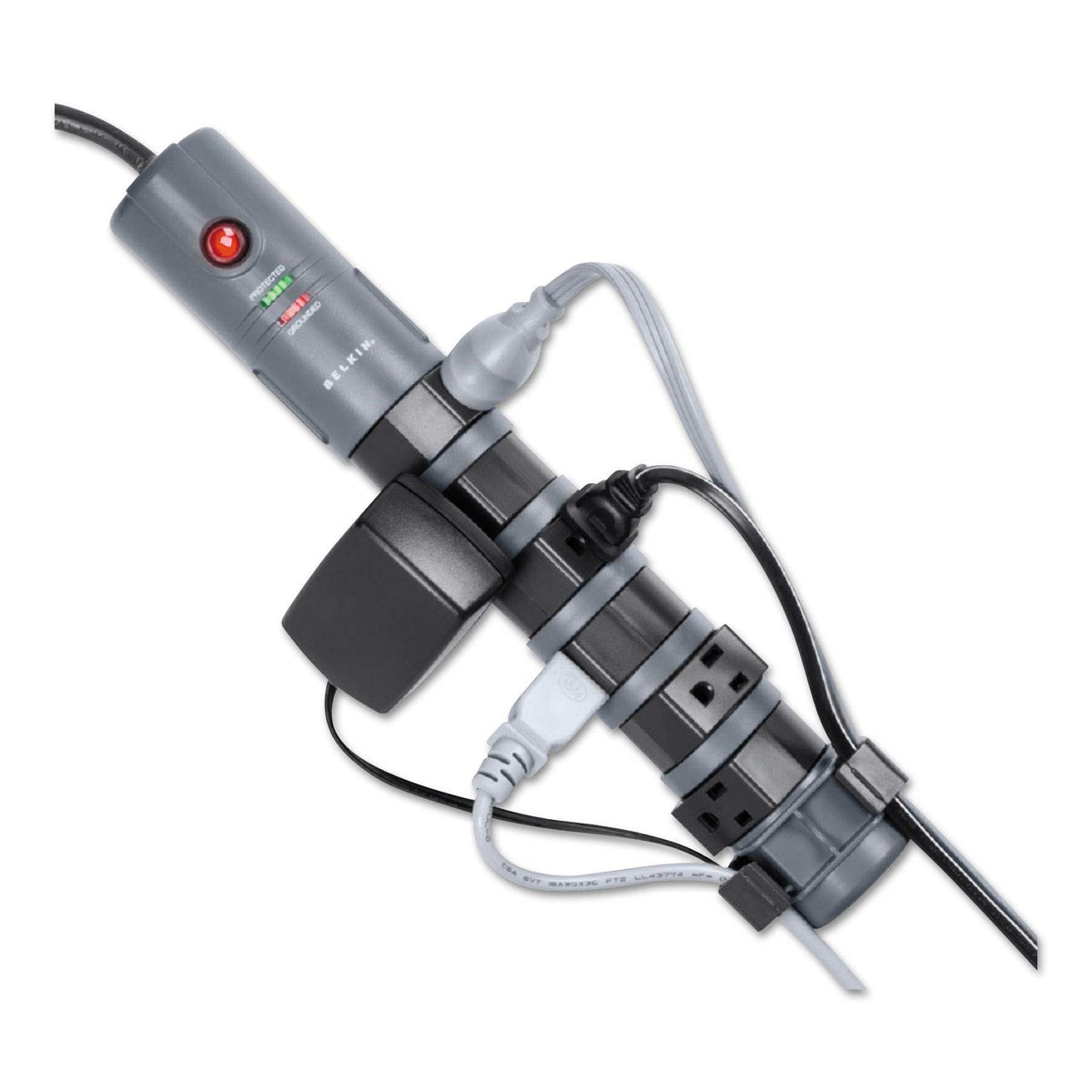 Belkin front profile showing rotating outlets and compact vertical design protecting devices