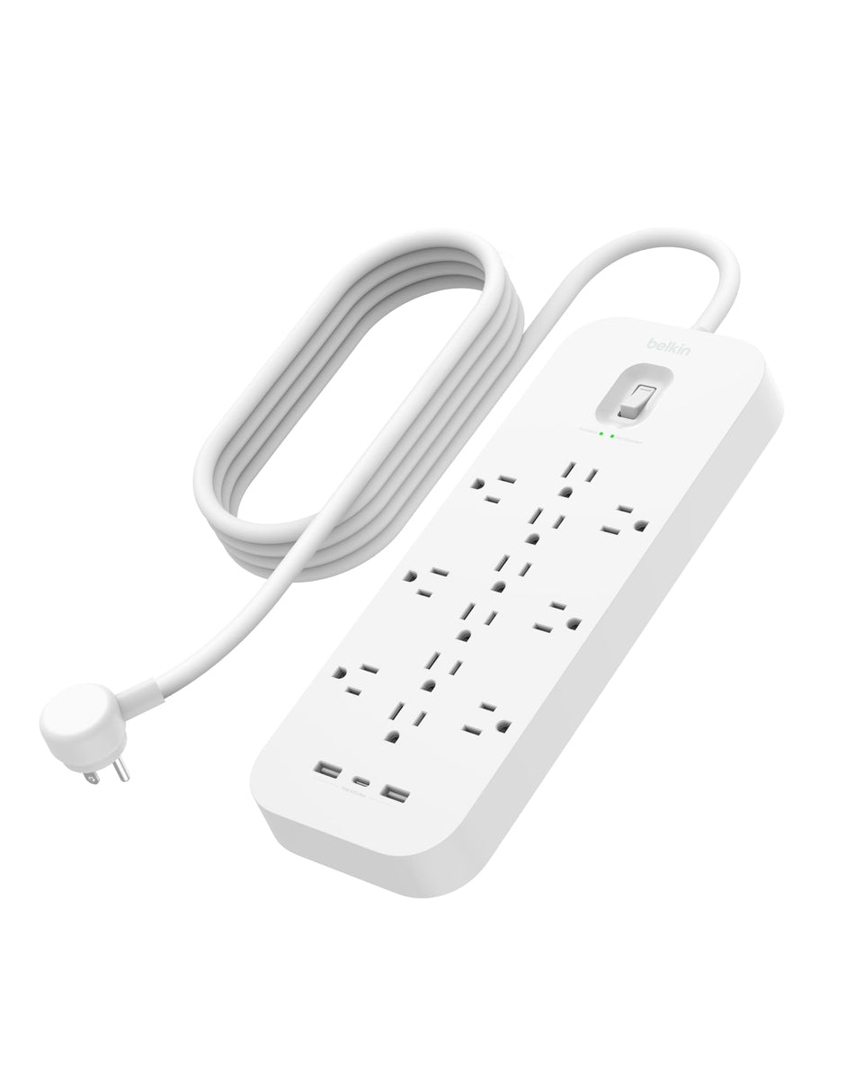 Belkin front view of 12-outlet power strip showing spaced outlets for easy plugging
