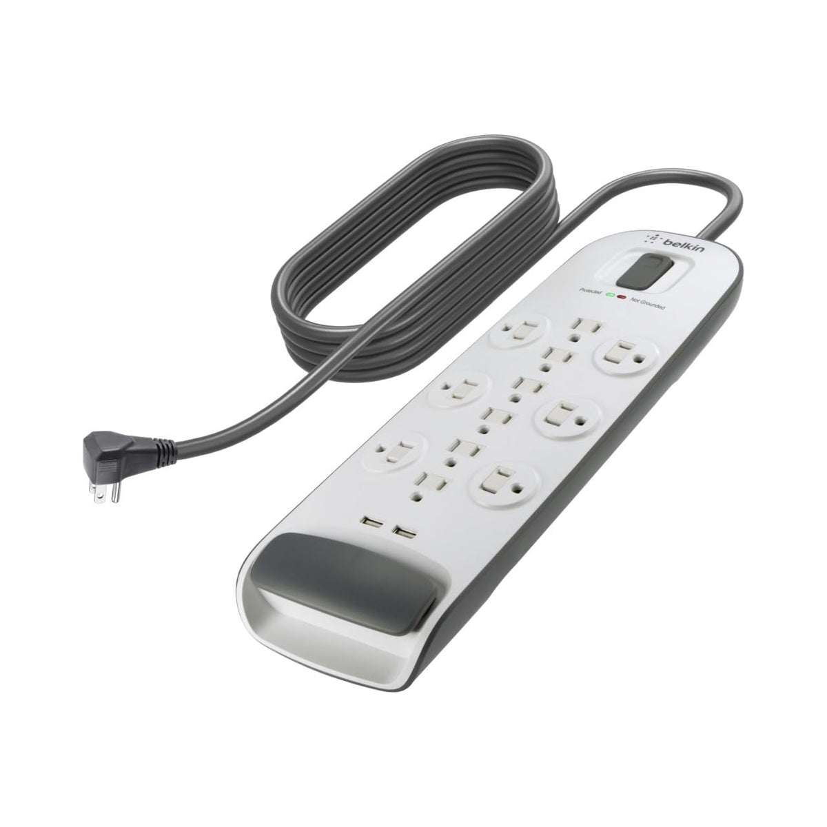 Belkin front view showing 12 outlets and tidy power organization benefit