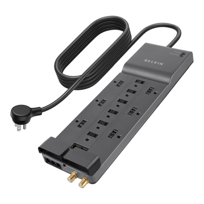 Belkin front view showing 12 outlets and organized power supply benefit