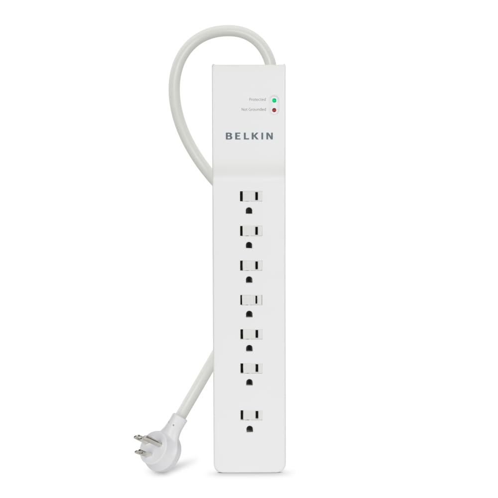 Belkin front view of 7-outlet strip showing layout and reliable protection