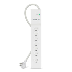 Belkin front view of 7-outlet strip showing layout and reliable protection