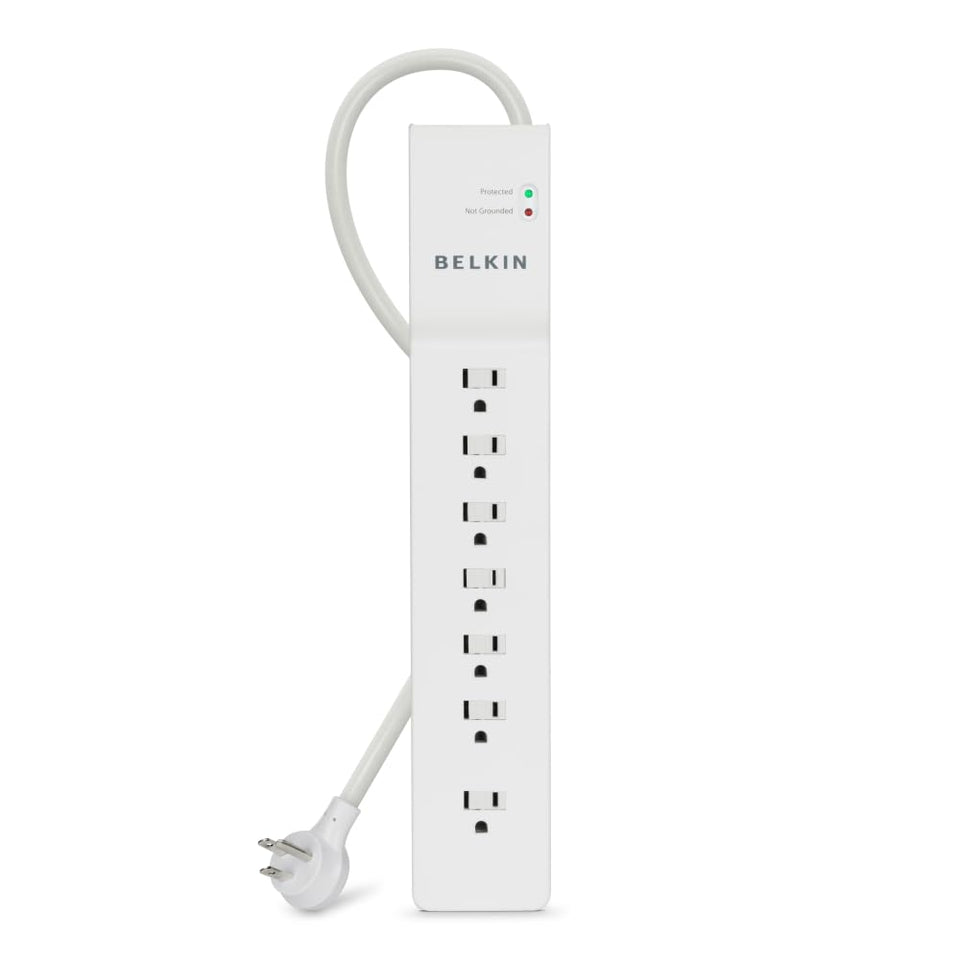 Belkin front view of 7-outlet strip showing layout and reliable protection