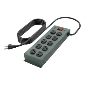 Belkin front view of metal power strip showing 10 outlets and tidy layout benefit