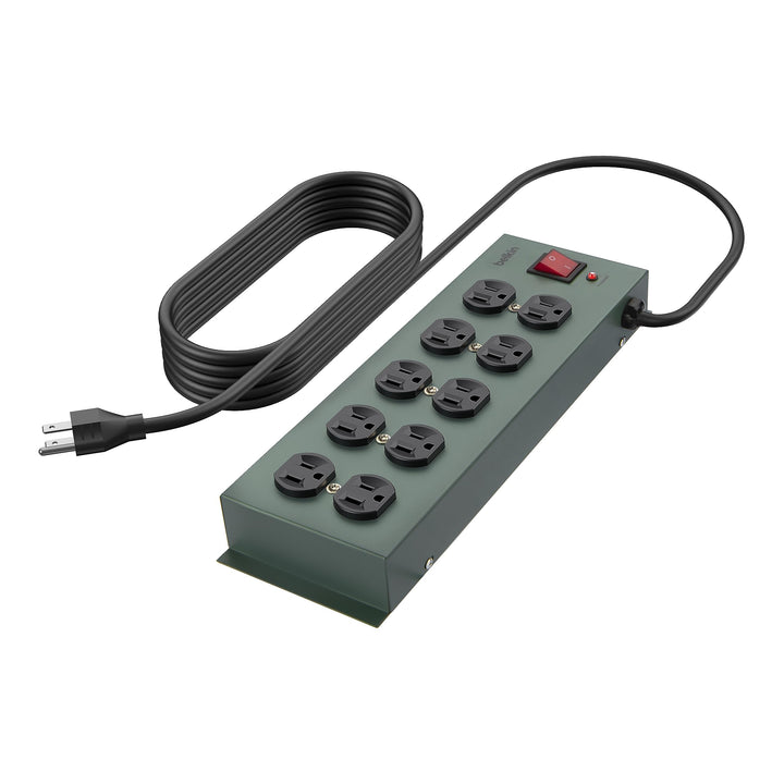 Belkin front view of metal power strip showing 10 outlets and tidy layout benefit
