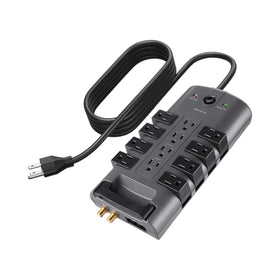 Belkin front view of power strip showing all 12 outlets and compact profile for versatile charging