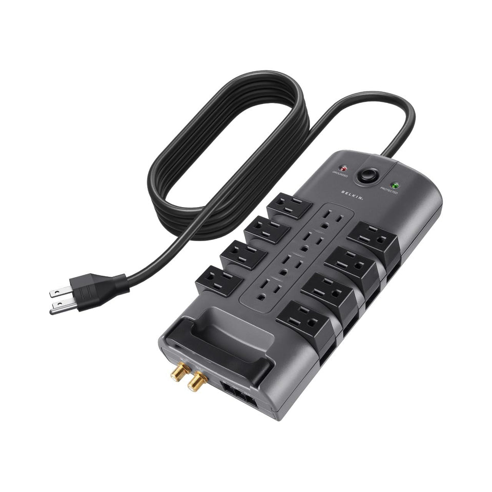 Belkin front view of power strip showing all 12 outlets and compact profile for versatile charging