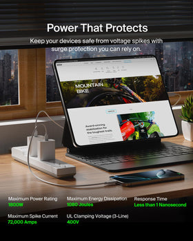 Belkin LED indicators show surge and ground status at a glance.