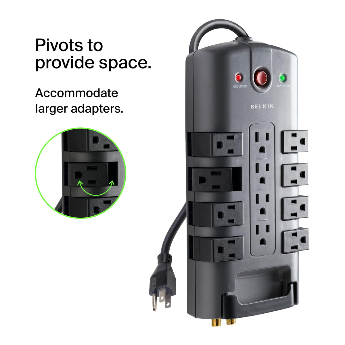 Belkin LED surge and ground indicators and product label for clear safety status and specs