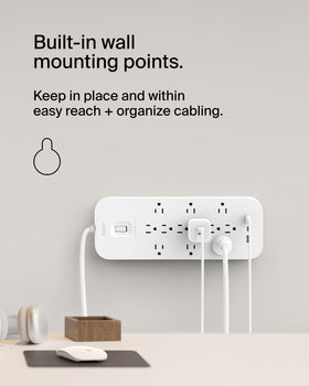 Belkin used on a desk powering monitor, laptop and phone for organized workspace