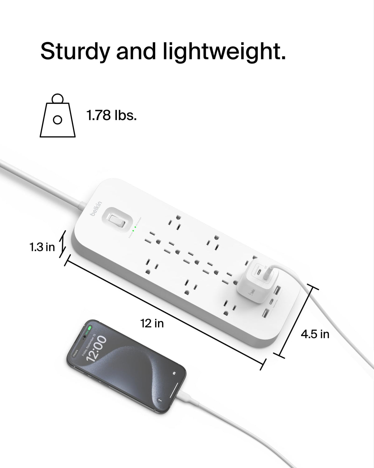 Belkin mounting keyholes and included mount for tidy wall or underside-desk installation