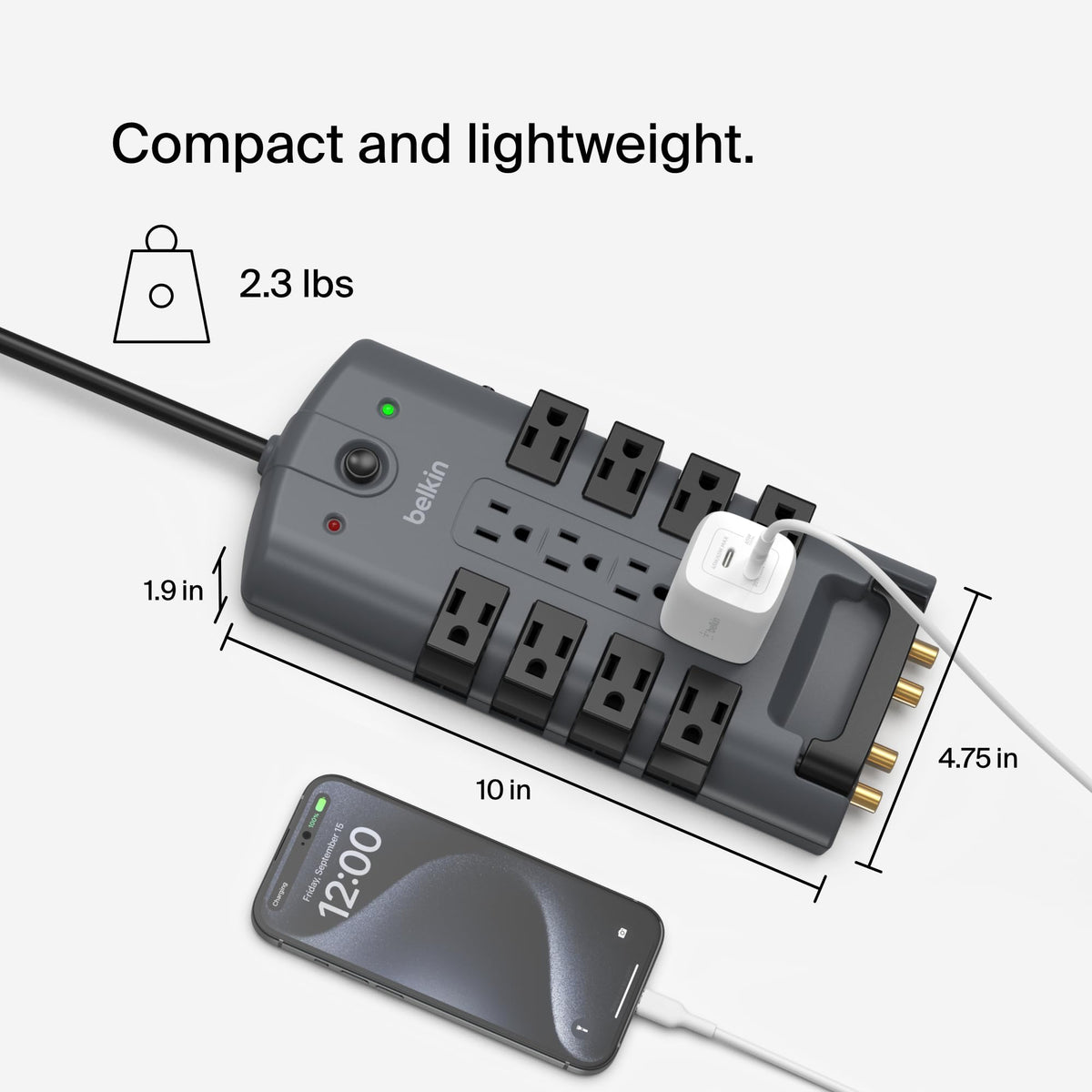 Belkin power strip with large power bricks plugged in showing organized charging and no obstruction