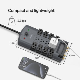 Belkin power strip with large power bricks plugged in showing organized charging and no obstruction