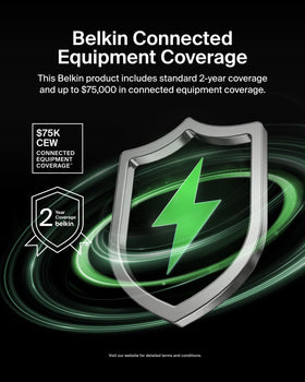 Belkin product packaging with warranty card showing connected equipment coverage