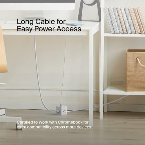 Belkin Power Cube shows a 5ft cord extending reach behind furniture