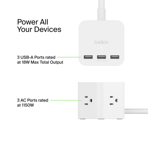 Belkin Power Cube front angle demonstrates compact footprint on a crowded workspace