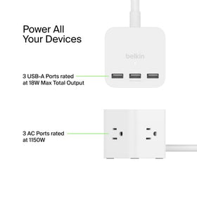 Belkin Power Cube front angle demonstrates compact footprint on a crowded workspace