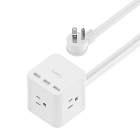 Belkin Power Cube side view highlighting compact multi-outlet design for desk use