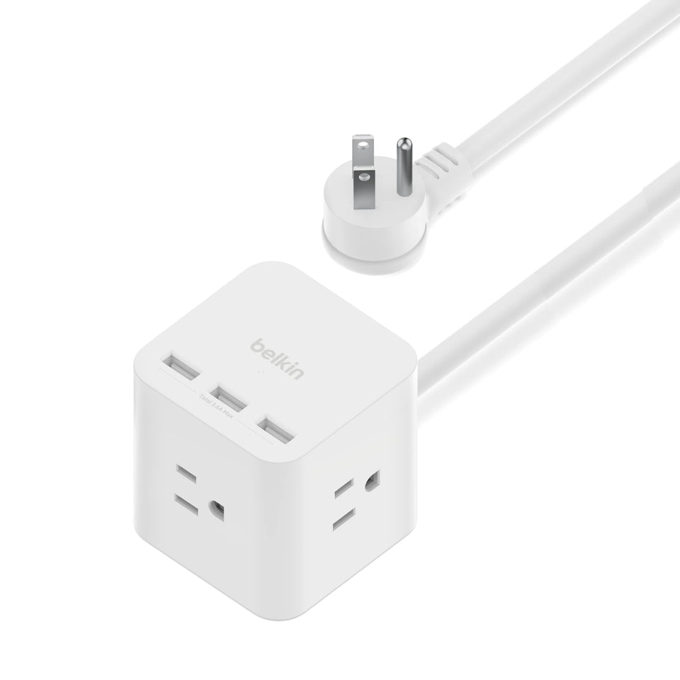 Belkin Power Cube side view highlighting compact multi-outlet design for desk use