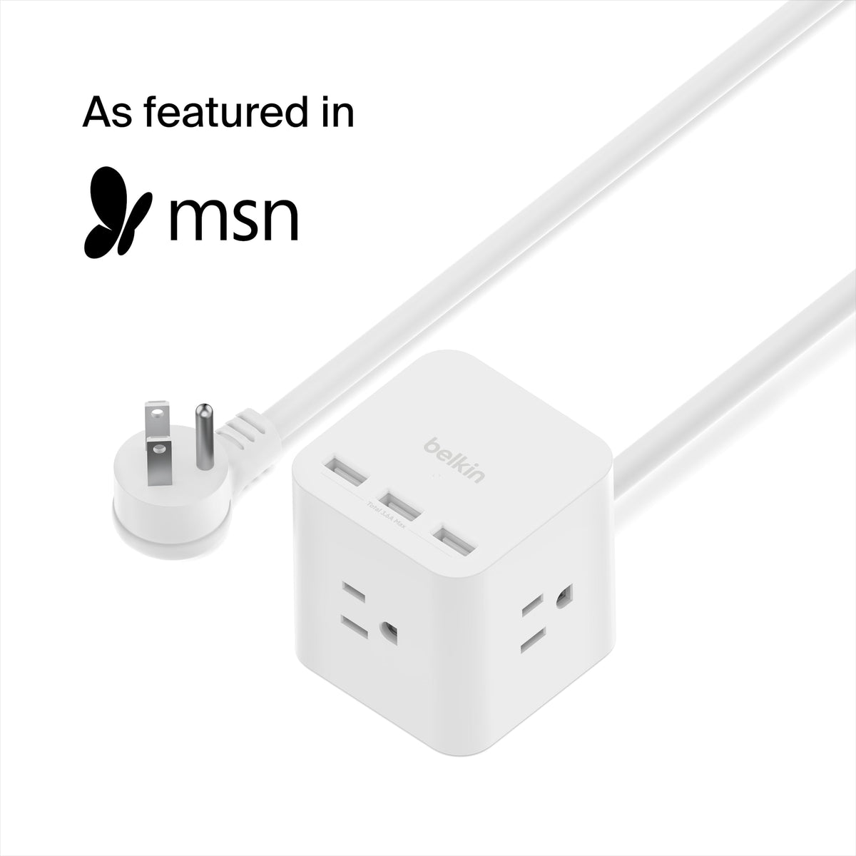 Belkin Power Cube top view reveals six outlets and USB ports for convenient charging