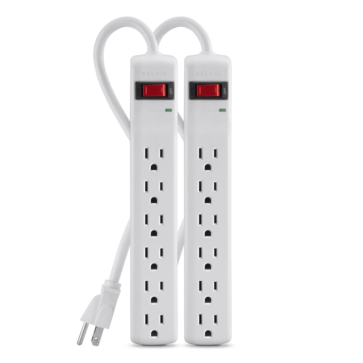 Belkin power strip with six outlets for organized home office charging and surge protection.