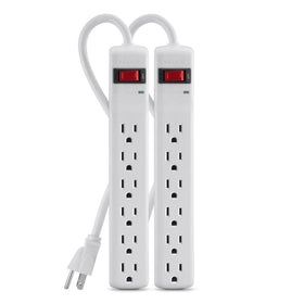 Belkin power strip with six outlets for organized home office charging and surge protection.