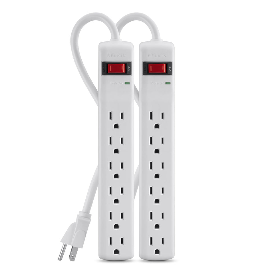 Belkin power strip with six outlets for organized home office charging and surge protection.