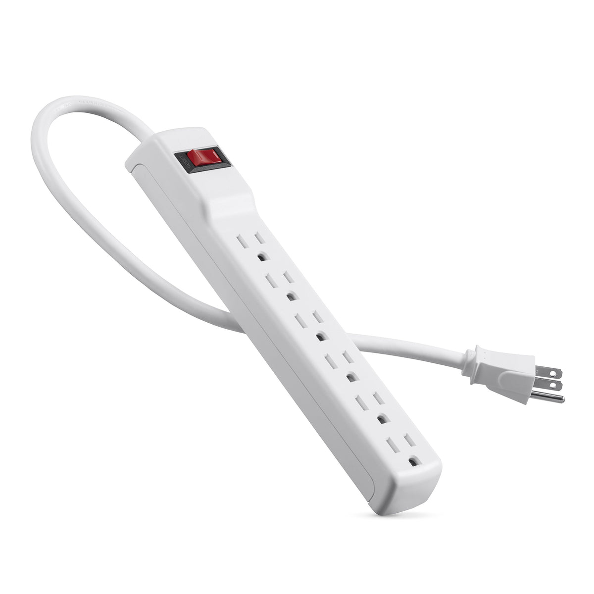Belkin compact power strip in desk setup highlighting space-saving design.