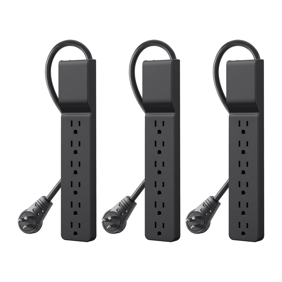 Belkin power strip with six outlets and a rotating plug for clutter-free desk setups.