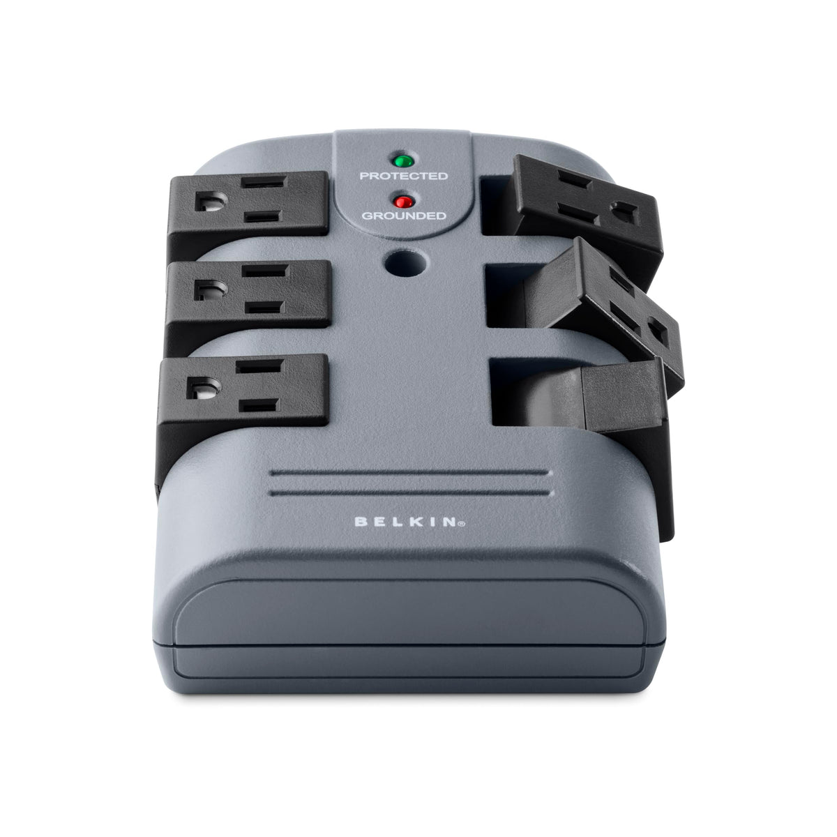 Belkin power strip surge protector with six outlets safeguards devices and reduces desk clutter.