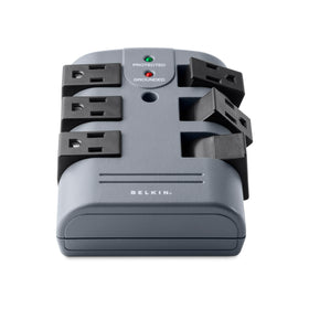 Belkin power strip surge protector with six outlets safeguards devices and reduces desk clutter.