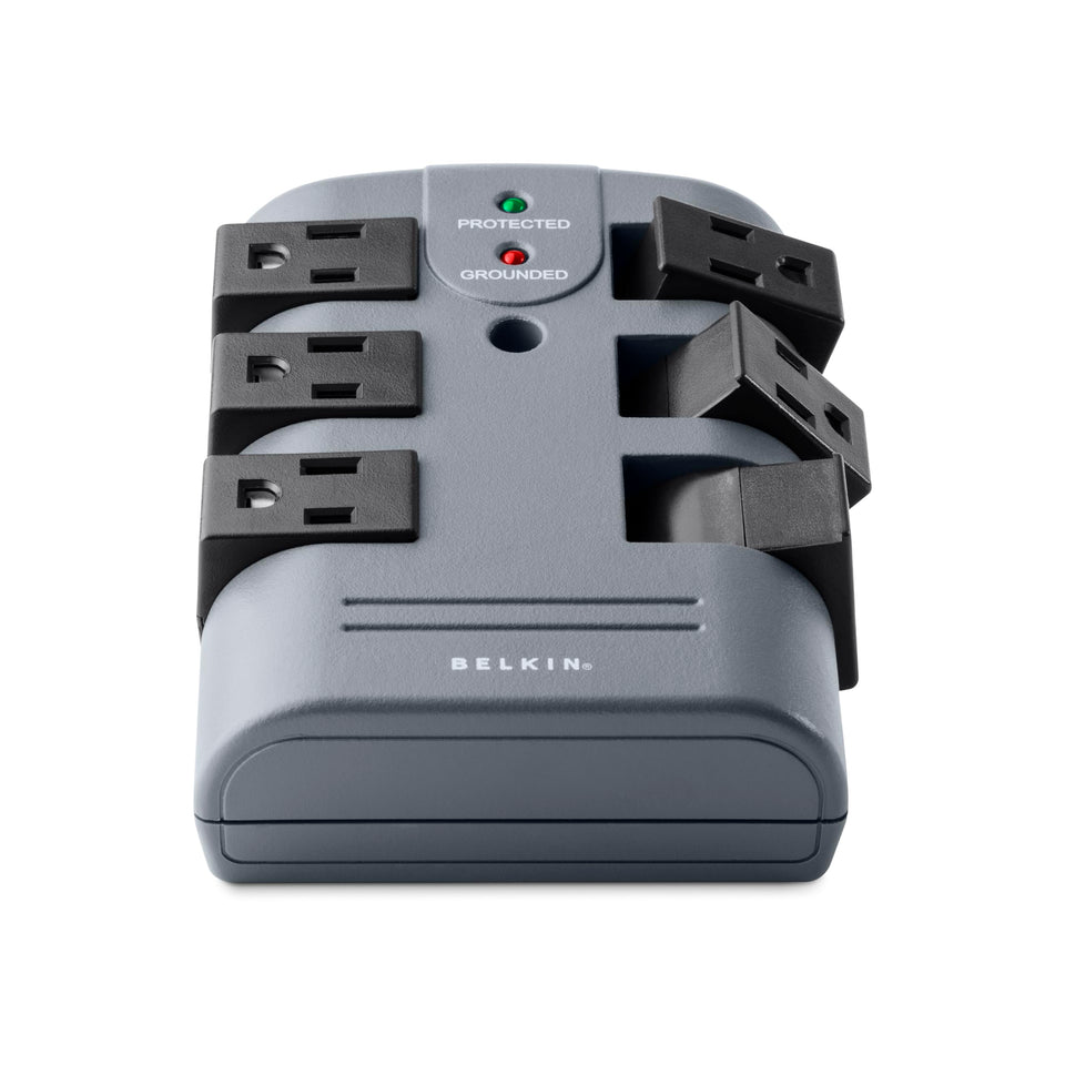 Belkin power strip surge protector with six outlets safeguards devices and reduces desk clutter.