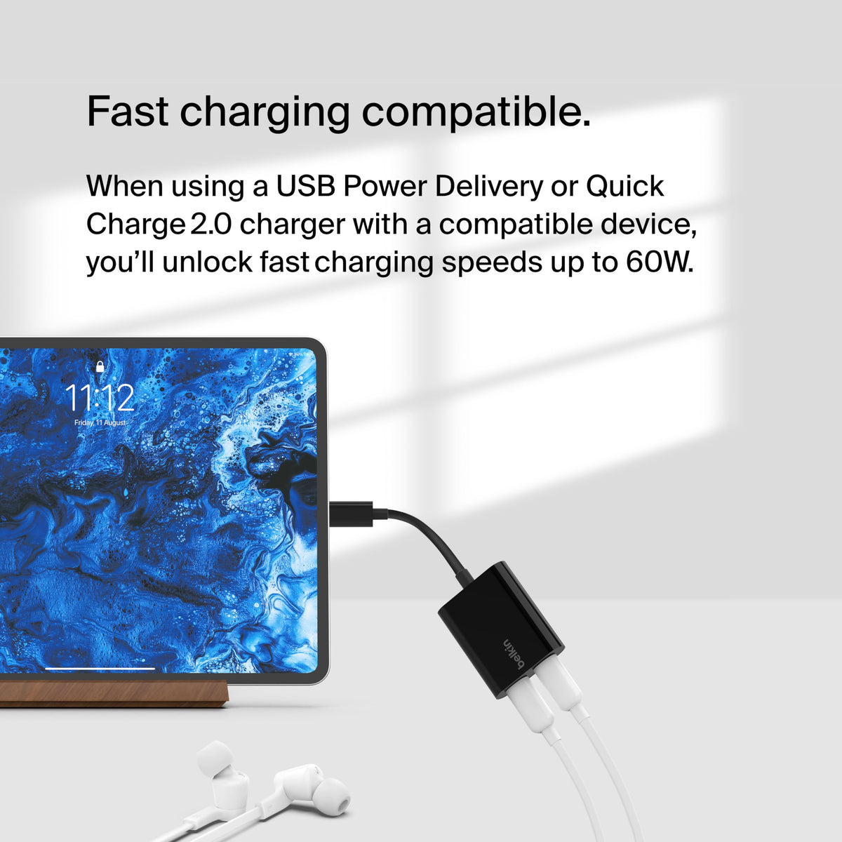 Belkin RockStar adapter showing 60W Power Delivery capability for fast charging.