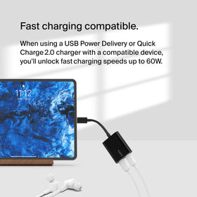 Belkin RockStar adapter showing 60W Power Delivery capability for fast charging.