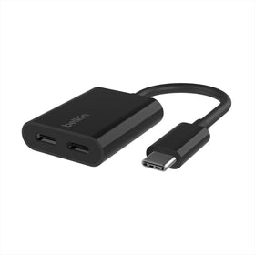 Belkin RockStar USB-C Audio Adapter with dual ports for charging and listening.
