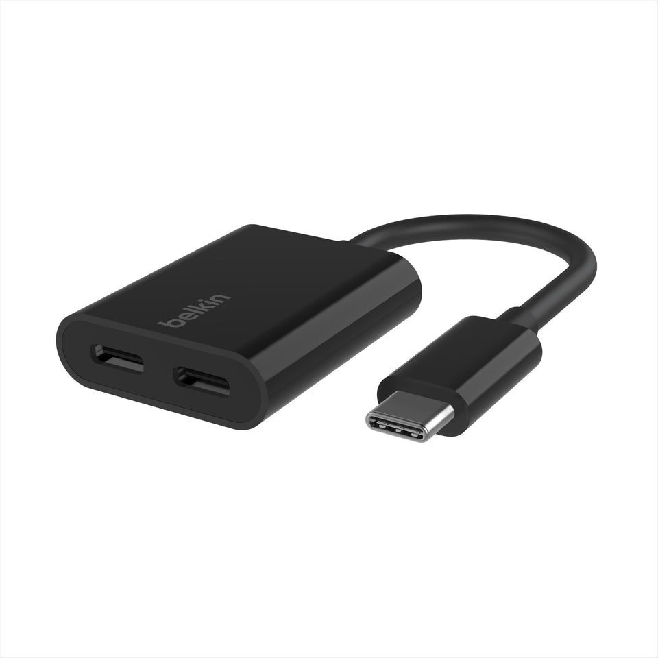 Belkin RockStar USB-C Audio Adapter with dual ports for charging and listening.