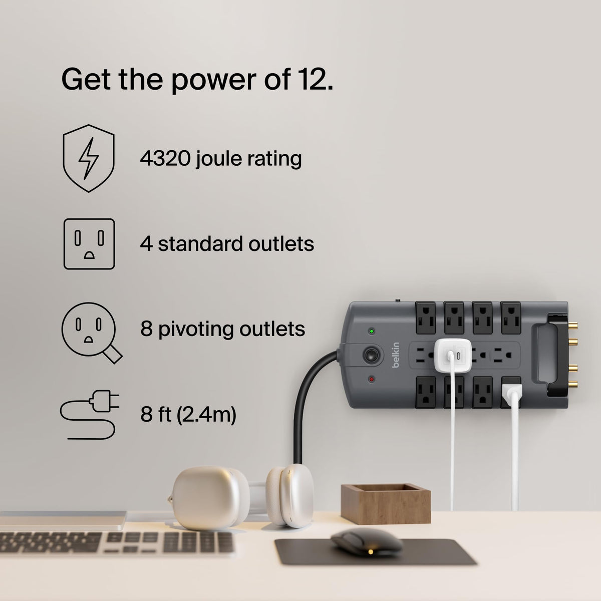 Belkin close-up of rotating outlets demonstrating flexible adapter placement and space savings
