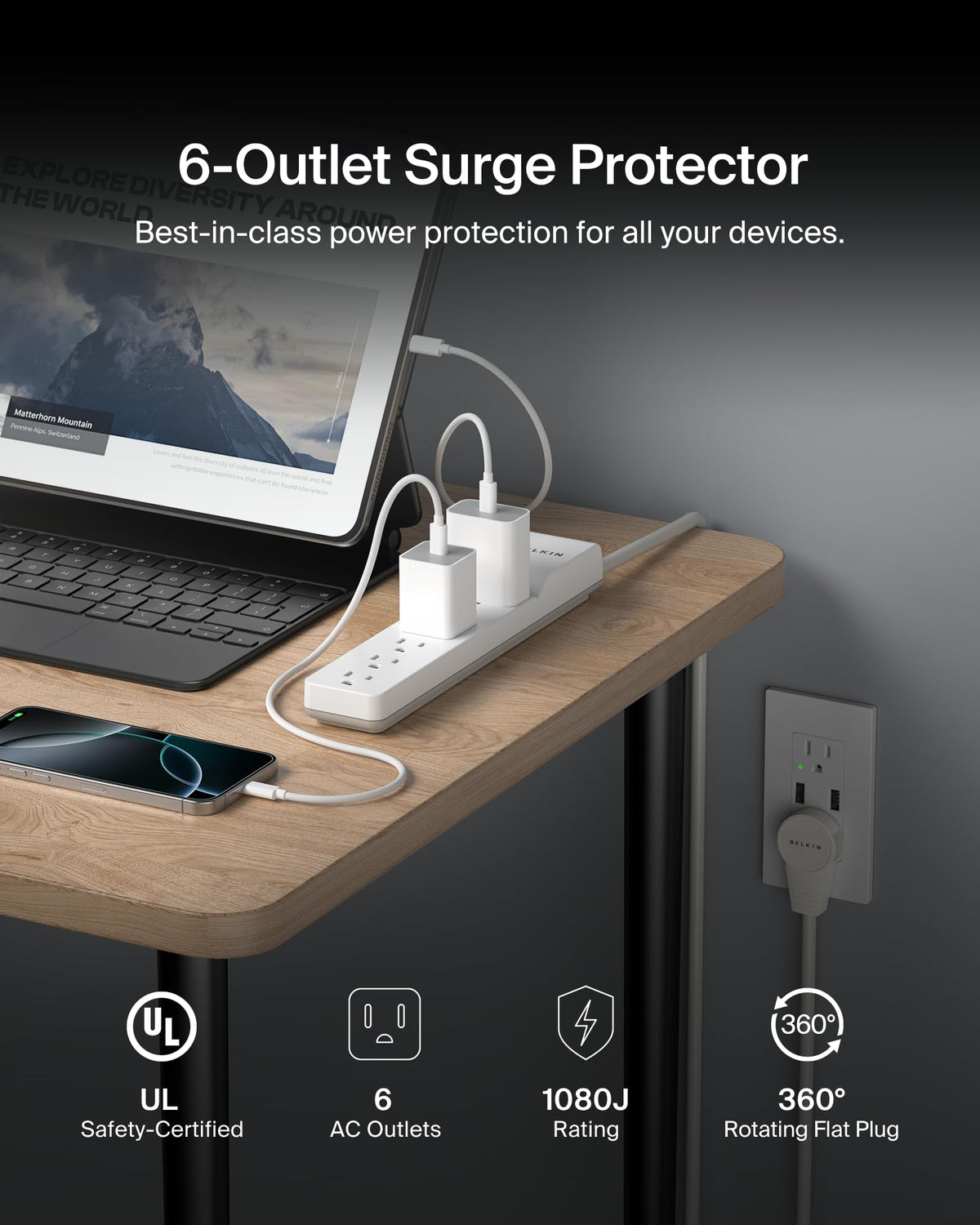 Belkin 360-degree rotating plug enabling flexible placement near any wall outlet.