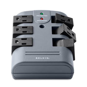 Belkin six-outlet pivot-plug surge protector front view with rotating outlets for clutter-free workspace